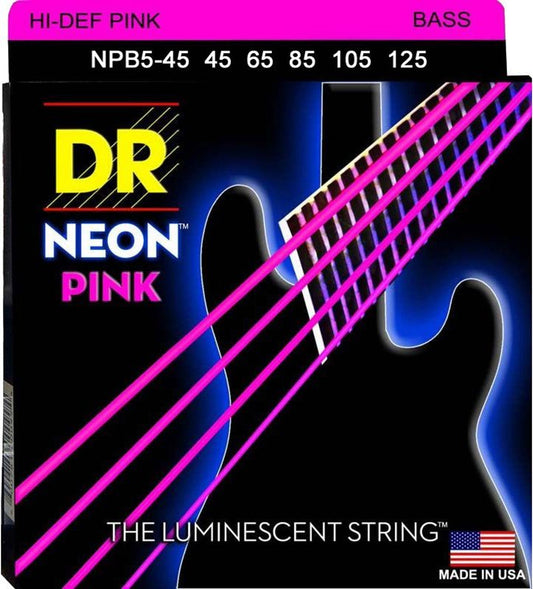 DR Neon™ Hi-Def Pink Bass Strings 45-125 Gauge | Medium | 5-String